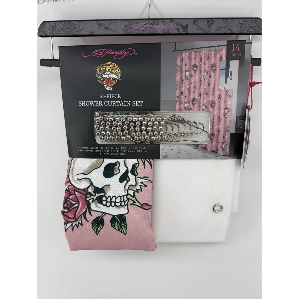 Ed Hardy 14 Piece Shower Curtain Set Pink White Skulls, Tiger New